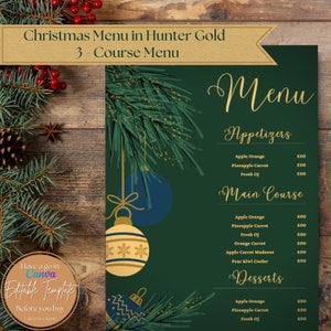 Plantilla de menú navideño en diseño dorado Hunter, editable en Canva / Menú de restaurante navideño festivo de temporada / 2 tamaños: A4 y tamaño carta estadounidense