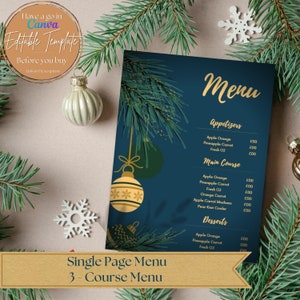 Szablon menu świątecznego w kolorze ciemnoniebieskim i złotym, w pełni edytowalny w Canva, świąteczna restauracja sezonowa, menu 3-daniowe, 4 rozmiary A4 i US Letter