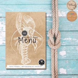 Plantilla de menú de restaurante de mariscos Menú de comida para negocios de alimentos Plantilla Canva Menú de barra de pescado editable Menú de catering Plantilla imprimible para negocios