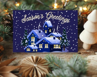 Seasons Greetings Christmas Card Printable | Winter Village Design (PDF)