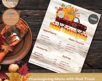 Thanksgiving Red Truck & pumpkin menu template for food businesses fully editable in Canva | Restaurant Menu | Cafe | 2 sizes A4 - US letter