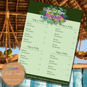 Modelo de menu de verão Tropical Vibes para negócios de alimentos | Link para download instantâneo | Editável no Canva Bar Lounge Café Catering Pub Restaurante