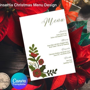 Plantilla de menú de Navidad con flor de Pascua para negocios de comida, menú de cena de Navidad, editable en Canva, menú de restaurante, 2 tamaños A4 y Carta de EE. UU.