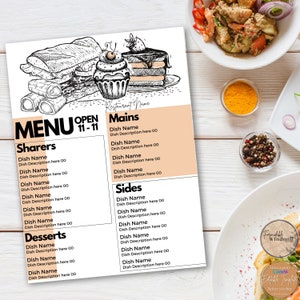 Modelo de menu para empresas do setor alimentício em design esboçado de sanduíches e bolos editável no Canva Download instantâneo Caterer Menu Cafe Coffee Shop