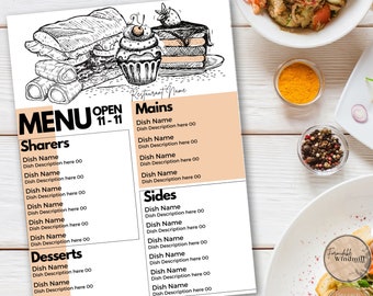 Menu Template for food businesses in sketched sandwich and cake design editable in Canva  Instant Download Caterer Menu Cafe Coffee Shop