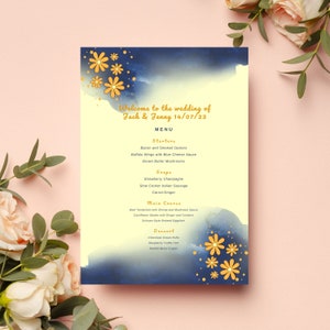 Hochzeitstag Essen Menü Vorlage bearbeitbar in Canva - Anpassbare Restaurant Table Top Menü Design für Food Business Hochzeit Veranstaltungsort Planung