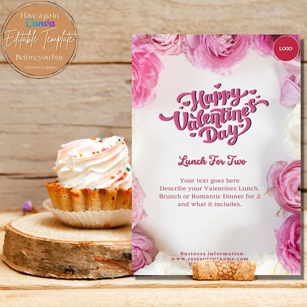 Valentine Pink Roses Flyer template for food businesses editable in Canva | Restaurant | Cafe | Catering Menu | 2 Sizes A4 & US letter