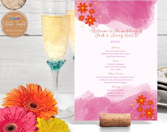 Pink Sunset Wedding Menu Template: Editable Canva Design (Digital Download)