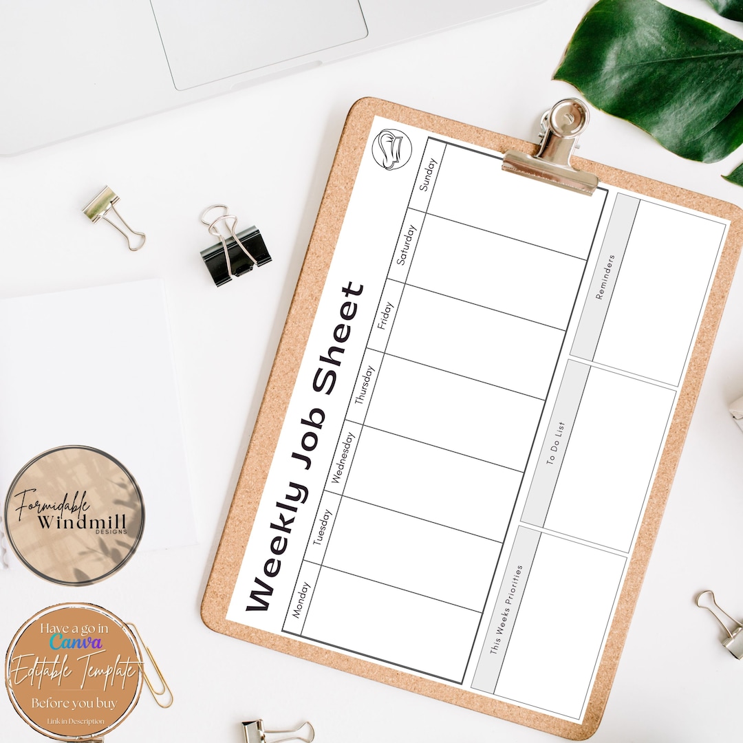 Printable Job Sheet for a Weekly Office Workflow Minimalist Small ...