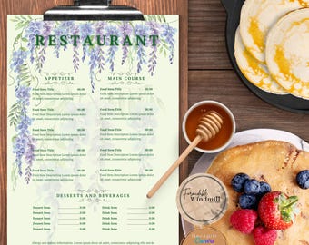 Menu Template for food businesses in Pretty Wisteria Cafe editable in Canva Instant Download Caterer Menu Cafe Coffee Shop