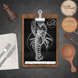 Plantilla de menú de mariscos para negocios de alimentos Plantilla Canva editable Restaurante Fish and Chip Catering Negocio Descarga instantánea estilo pizarra