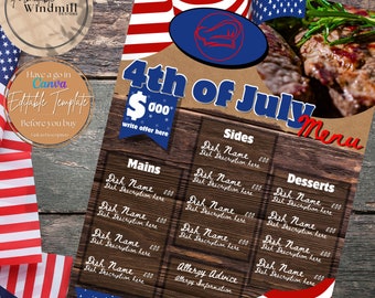 4th of July BBQ Menu Template for Food Business Editable Menu Download Canva Template Restaurant Template Catering Menu Business Printable
