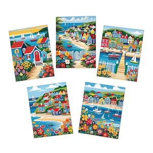 Tarjetas de felicitación, diseño de pueblo costero, papelería marinera, notas náuticas, interior en blanco, tarjetas de agradecimiento con temática playera, paquete de 5