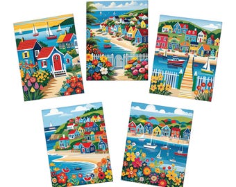 Coastal Town Greeting Card Set: Seaside Nautical Note Cards, Pack of 5