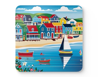 Coastal Folk Art Coaster Set: Beach Cottage Decor, Cork Backed