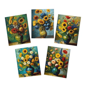 Bunte Blumengrußkarten, 5er-Pack Kunstdrucke, perfekt für jeden Anlass, Blumenkarten für Geburtstage, Dankesnotizen, handgemachte Kunst