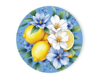 Coaster Set, Floral Drink Coasters, Lemon and Flower Design, Home Decor, Housewarming Gift
