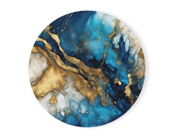 Abstract Barware Blue and Gold Marble Coaster Set