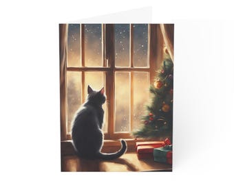 Cat at Window Christmas Tree Holiday Greeting Cards