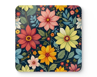 Floral Cork Coaster Set: Botanical Home Decor, Vibrant Print