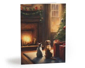 Cat and Dog Waiting for Santa Greeting Cards | Holiday Cards Pack (8/16/24)