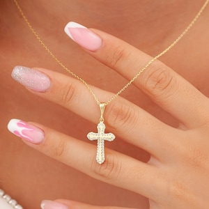 14K Solid Gold Cross Necklace, White Gold Cross Necklace for Women, Christian Faith Necklace, Religious Jewelry, Gift for Mom, Birthday Gift