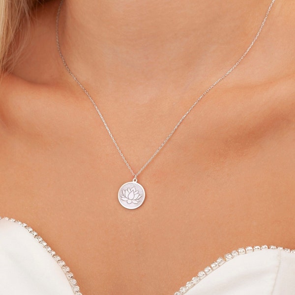 Lotus Flower Necklace, Sterling Silver Lotus Coin Necklace, Lotus Balance Necklace, 14K Solid Gold Lotus Necklace. Lotus Flower Pendants