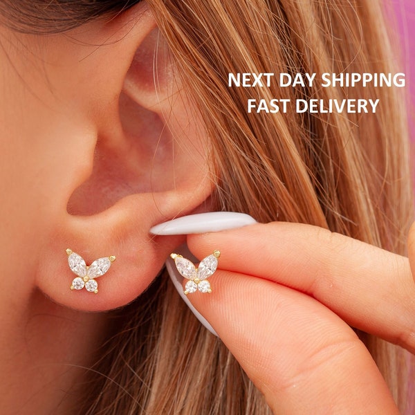 Cubic Zirconia Butterfly Stud Earrings, Cute Butterfly Earrings, Small Butterfly Earrings, Sterling Silver Butterfly Earrings