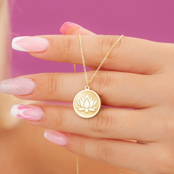 14K Solid Gold Lotus Flower Necklace, Solid White Gold Lotus Coin Necklace, Lotus Balance Necklace, Minimalist Lotus Pendants, Gift for Her