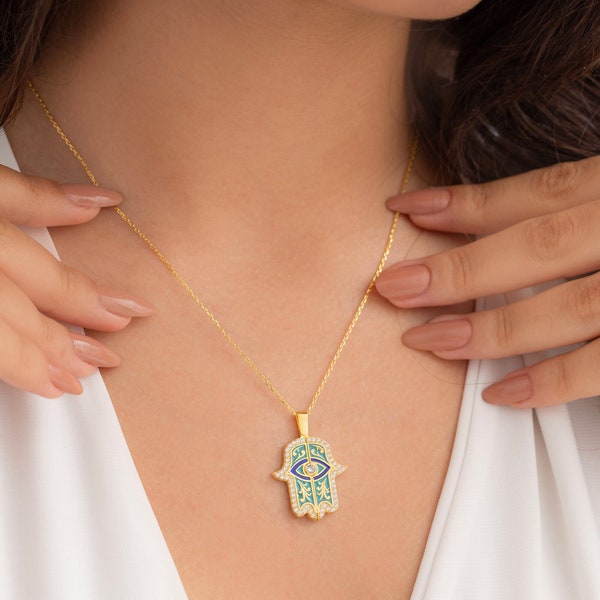 14k Gold Initial Hamsa Necklace, Hand of Fatima With Zirconia Pendants, Amulet for Protection, Christmas and Birthday Gifts for Women