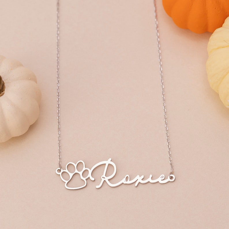 May include: Silver necklace with a paw print charm and the name "Roxie" written in cursive.