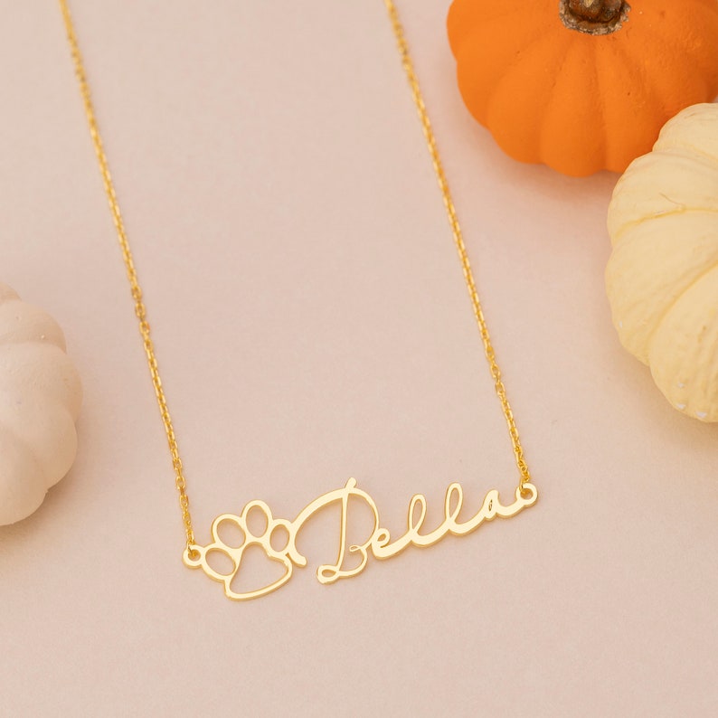 May include: A gold necklace with a paw print charm and the name "Bella" written in cursive.