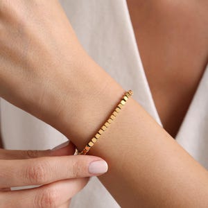 18K Gold Beaded Chain Bracelet, Non Tarnish Steel Flat Ball Bracelet, Gold Filled Simple Chain Bracelet, Small Tiny Bead Jewelry, Mom gifts