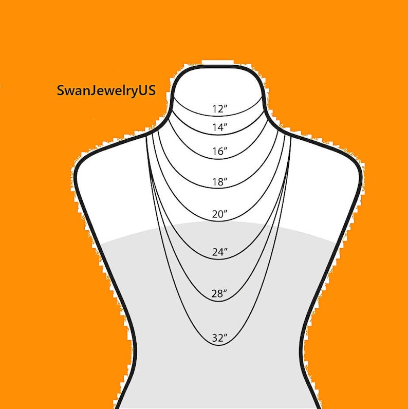 May include: A diagram showing different necklace lengths on a mannequin, ranging from 12 inches to 32 inches.