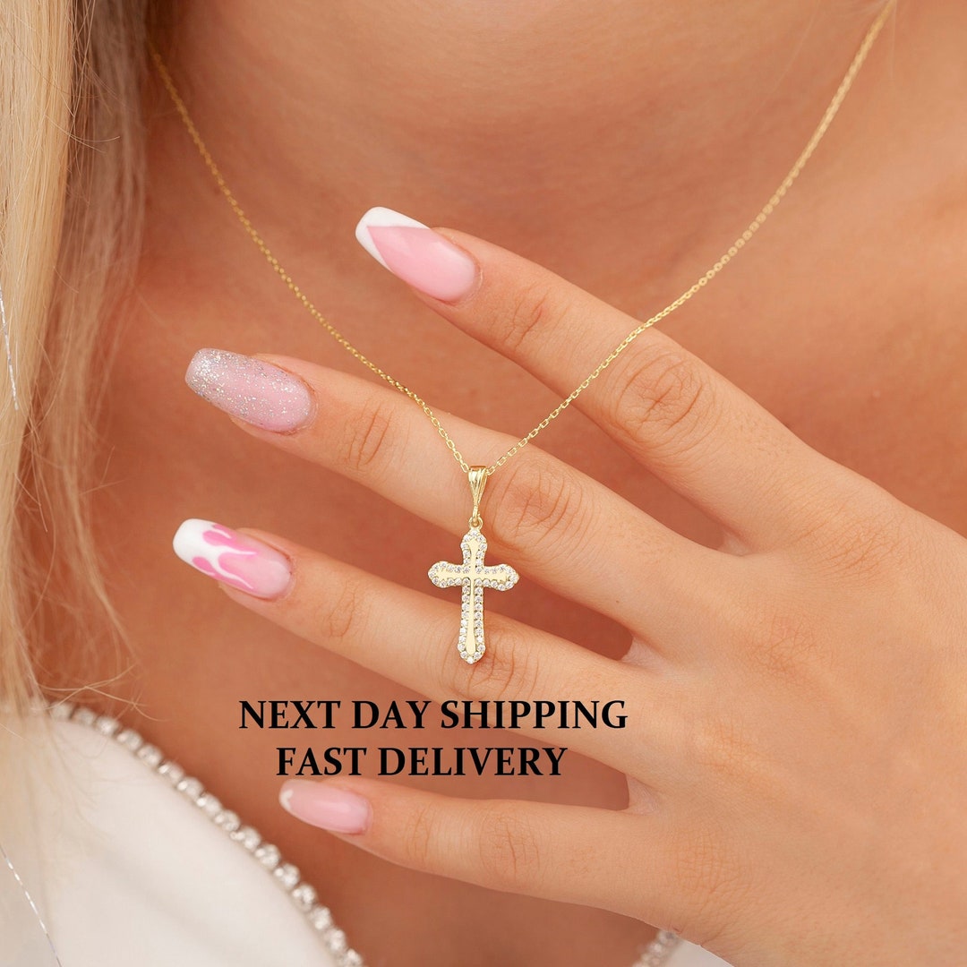 14K Gold Plated Cubic Zirconia Cross Necklace, Sterling Silver Cross ...