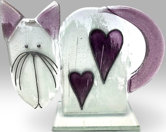 Handmade Fused Glass Cat Purple Hearts - by Nobile Glassware