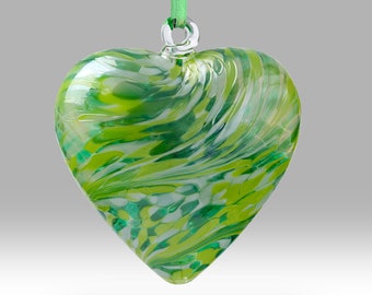 Green 12cm Handmade Hanging Friendship Heart - w/ custom Easter, Birthday, Anniversary, Thank You options - By Nobile Glassware