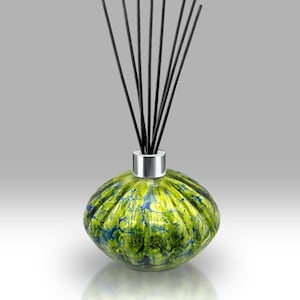 May include: A decorative reed diffuser. The round, textured glass bottle is in shades of green and blue, with a silver collar. Black reeds are inserted into the bottle. The diffuser is designed for home fragrance.