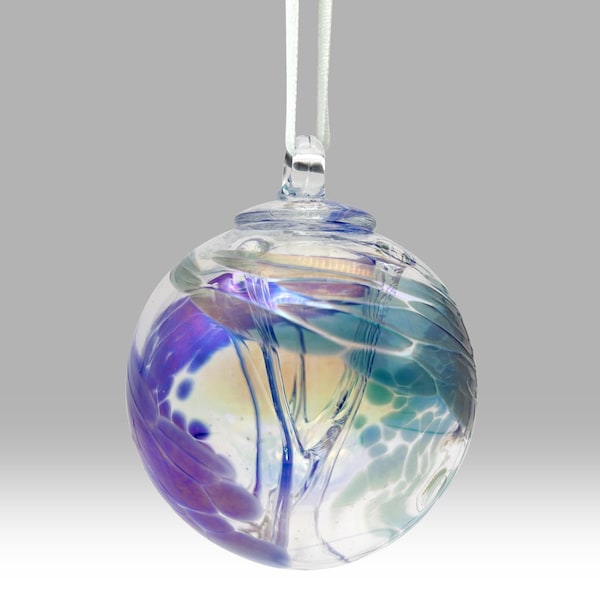 Blue Handmade Hanging Tree of Life Sentiment Ball - 8cm - by Nobilé Glassware
