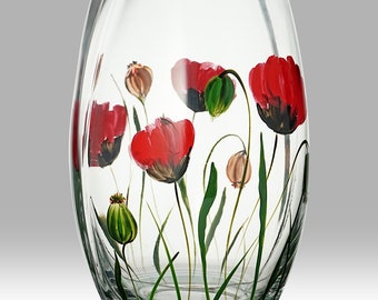 May include: A clear glass vase with a hand-painted design of red poppies and green leaves.