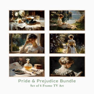 Könnte beinhalten: Eine Sammlung von sechs gerahmten Kunstdrucken im Vintage-Stil. Die Bilder zeigen Szenen aus dem Roman "Stolz und Vorurteil", mit Frauen in historischer Kleidung, Teesets und Außenlandschaften. Der Text "Pride & Prejudice Bundle" ist unten zu sehen.