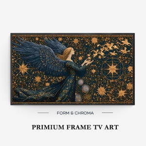 May include: A rectangular framed digital artwork featuring a winged figure with long hair wearing a dark blue gown with gold patterns. The figure stands against a dark blue background filled with gold celestial stars, geometric shapes, and small flying creatures.