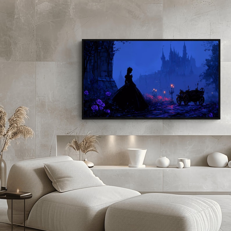 May include: A framed art print depicts a silhouette of a person in a long gown, standing before a castle under a dark blue sky. Purple roses and a carriage are also visible. The artwork is displayed above a modern, neutral-toned living room set.