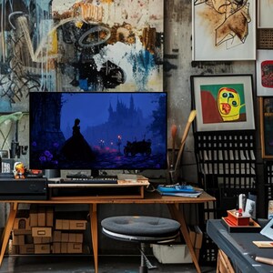 May include: A computer monitor displaying a digital painting of a woman in a black dress, a horse-drawn carriage, and a castle at night. The monitor sits on a wooden desk with a keyboard, a printer, and other office supplies. Artwork hangs on the wall behind the desk.