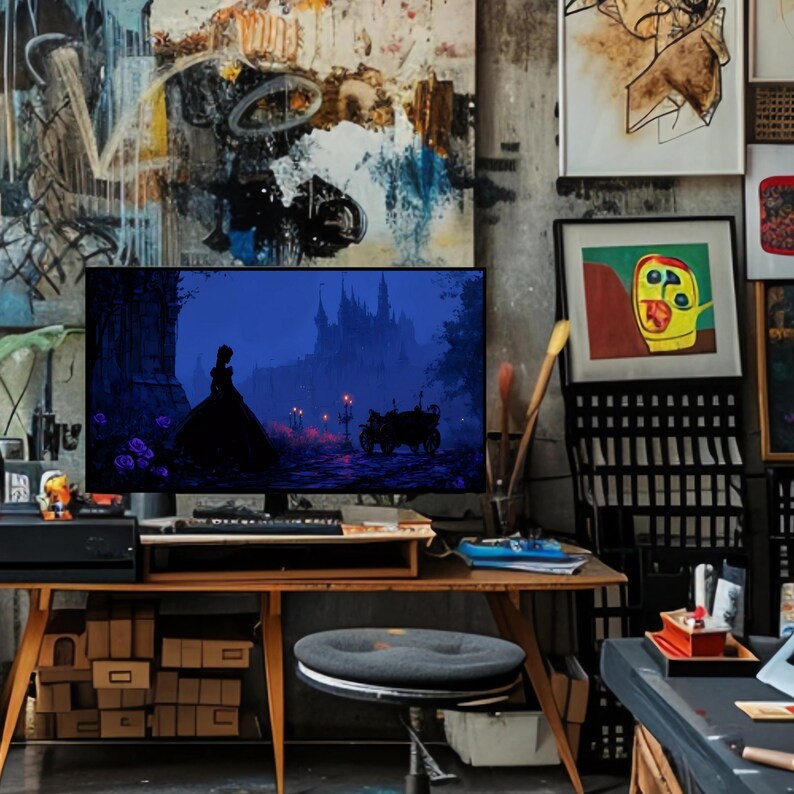 May include: A computer monitor displaying a digital painting of a woman in a black dress, a horse-drawn carriage, and a castle at night. The monitor sits on a wooden desk with a keyboard, a printer, and other office supplies. Artwork hangs on the wall behind the desk.