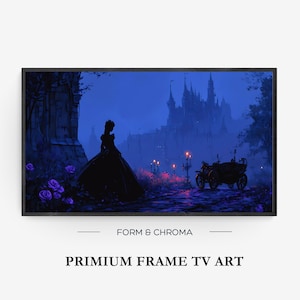 May include: A framed digital art print featuring a silhouette of a person in a long gown, standing on a path with a carriage, in front of a castle. The artwork is in shades of blue and purple, with the text "FORM & CHROMA" and "PRIMIUM FRAME TV ART".