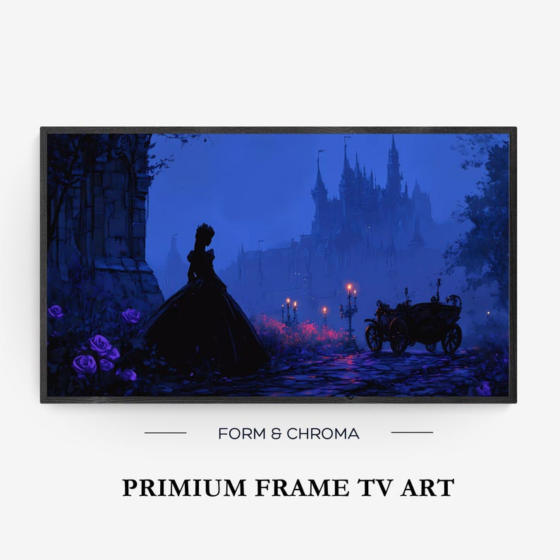 May include: A framed digital art print featuring a silhouette of a person in a long gown, standing on a path with a carriage, in front of a castle. The artwork is in shades of blue and purple, with the text "FORM & CHROMA" and "PRIMIUM FRAME TV ART".