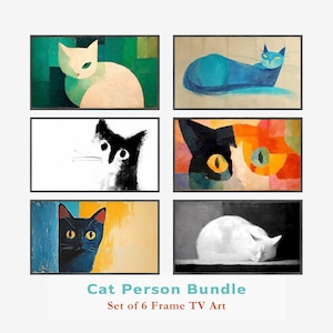 Puede incluir: Conjunto de seis impresiones artísticas de gatos enmarcadas. Cada impresión presenta una ilustración estilizada de un gato en varios colores, incluyendo blanco, azul, negro y naranja. El texto "Cat Person Bundle" y "Set of 6 Frame TV Art" se muestra debajo.