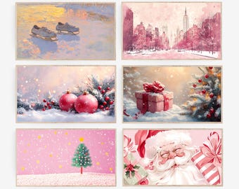 Frame TV Art Pink Christmas Set of 6 Santa Instant Download Xmas Samsung TV Art Pink X'mas Party Digital Art Bundle Watercolor Oil Painting