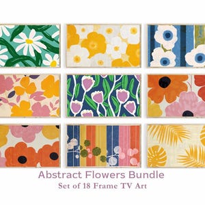 Może przedstawiać: Zestaw 9 abstrakcyjnych ilustracji kwiatowych w stylu retro. Ilustracje przedstawiają różne wzory kwiatowe w jasnych kolorach, takich jak żółty, pomarańczowy, różowy, niebieski i zielony. Ilustracje są oprawione w jasną drewnianą ramę.